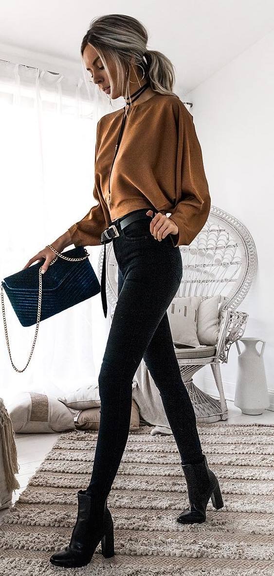 brown and black outfit / top + bag + skinny jeans + boots