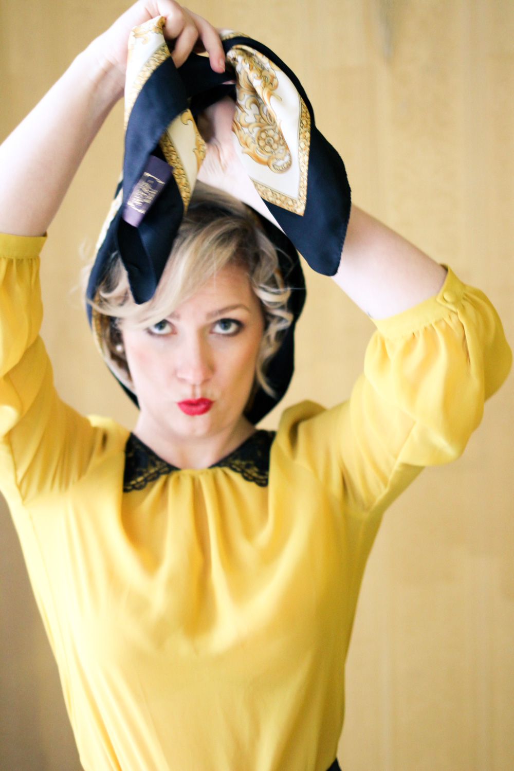 @findingfemme in yellow blouse with black lace collar, black Review Australia skirt, black bow heels and classic scarf.