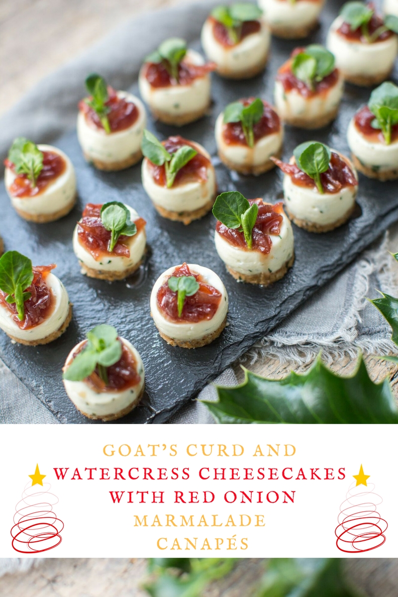 Goat’s Curd And Watercress Cheesecakes with Red Onion Marmalade Canapés