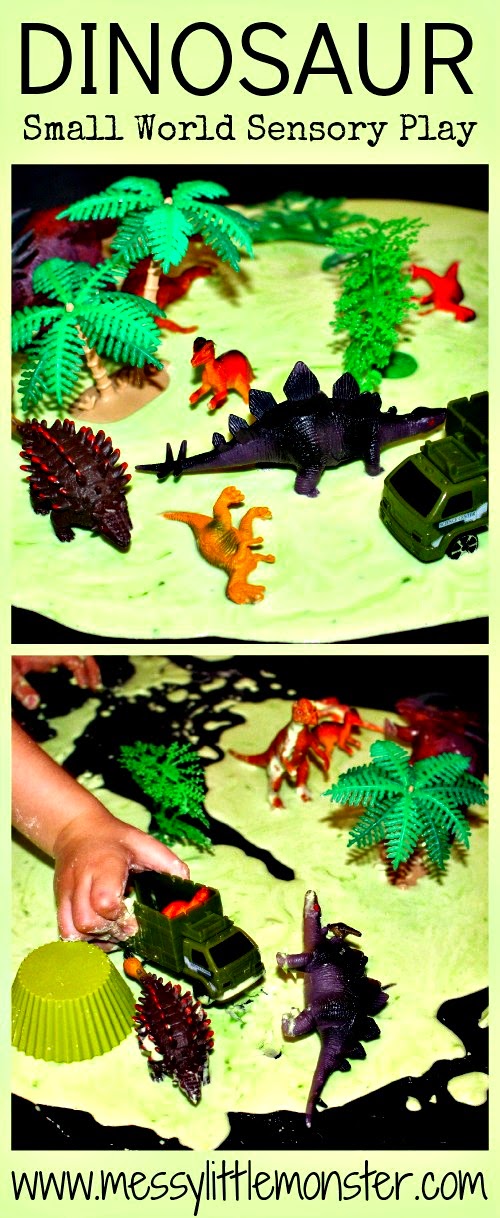 Dinosaur small world sensory play ideas for kids. Simple activities for toddlers and preschooler.Make a dinosaur swamp  using a gloop (goop, oobleck) recipe. 