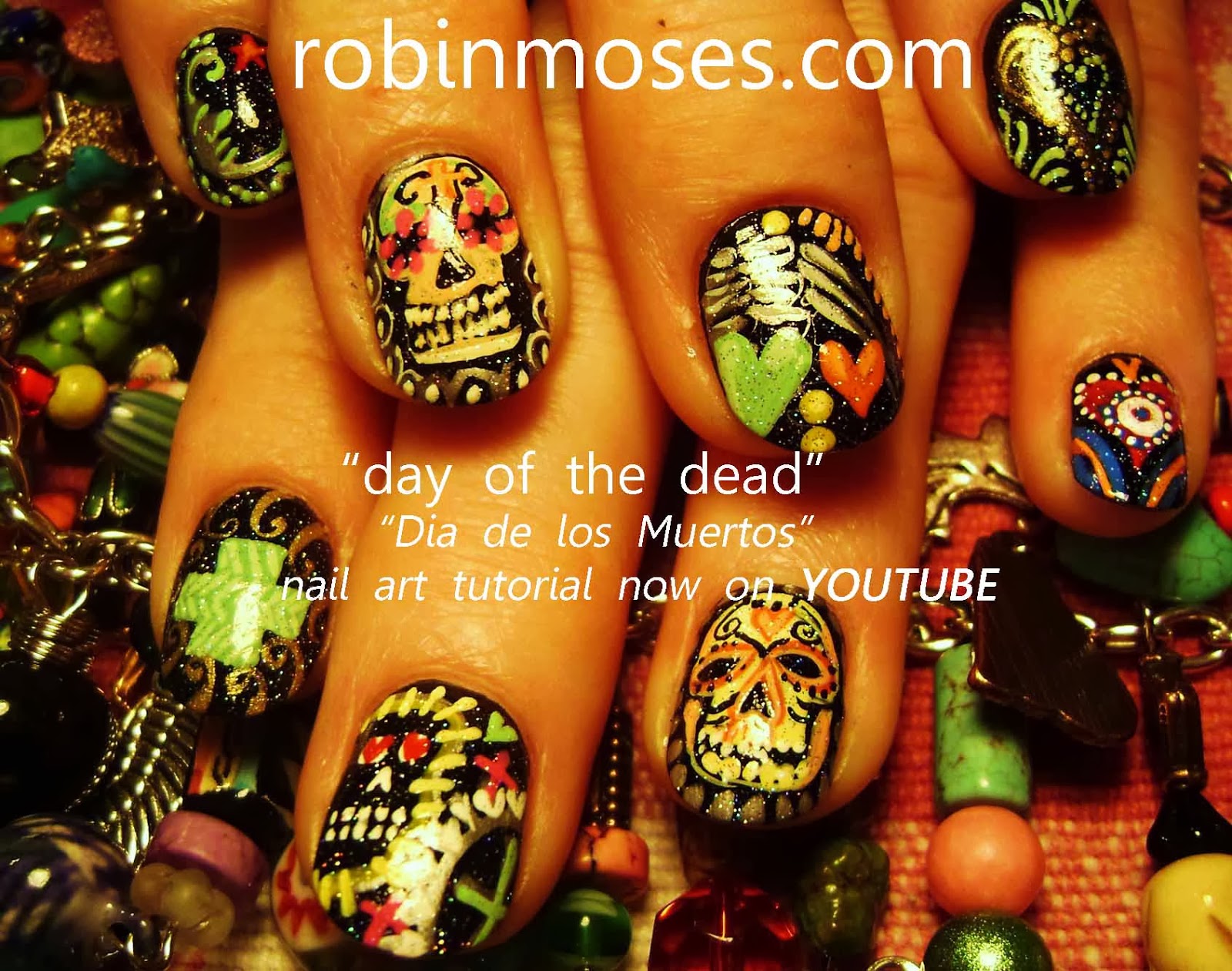 Nail Art by Robin Moses "halloween nails" "skull nails" "day of the