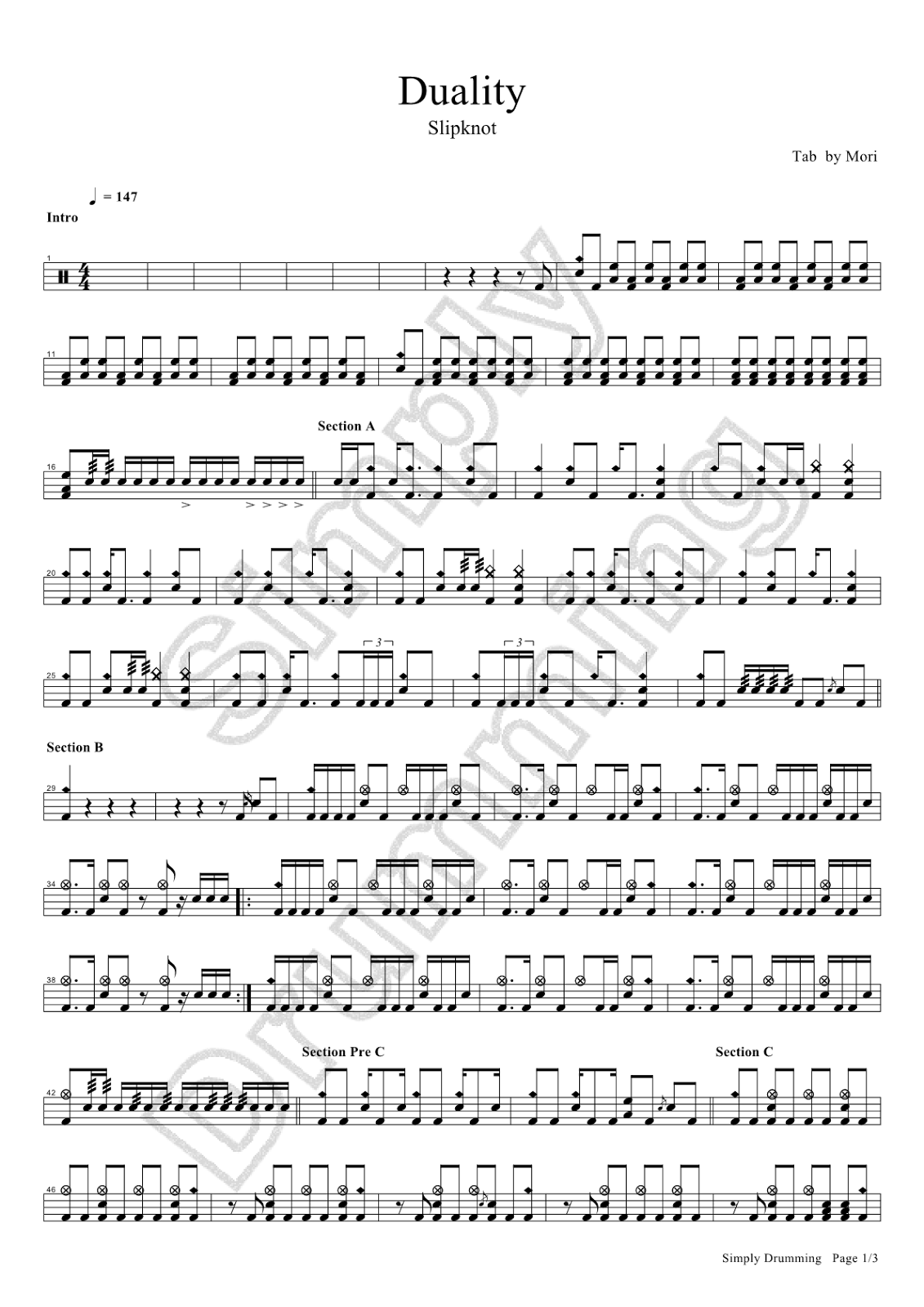 鼓手森 Simply Drumming Slipknot Duality drum sheet