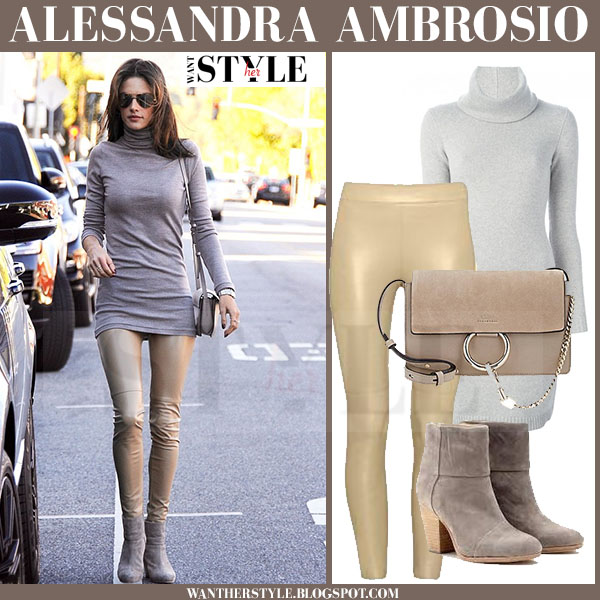 Alessandra Ambrosio in grey turtleneck sweater and beige leather ...