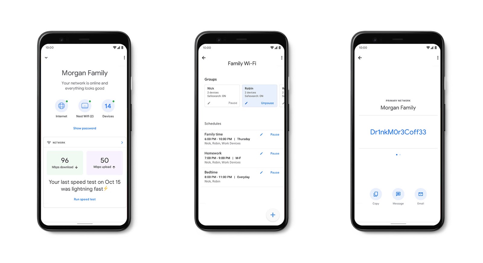 An image showing three phones showing how the Google Home app can help you manage multiple devices and schedules