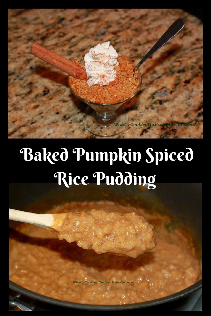 this is a rice pudding with pumpkin and spices cooking on the stove top then baked then garnished with whipped cream and cinnamon sticks and a dash or cinnamon and sugar on top
