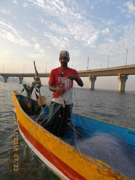Fisherman Shri Chetan.Shirgaonkar removing a crab from the fishing net.