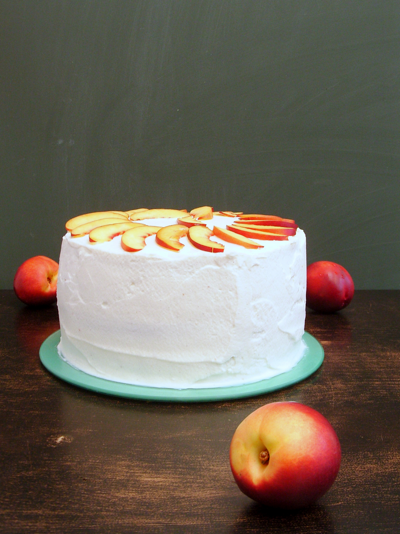 Nectarine Layer Cake vanilla cake + mascarpone frosting + fresh nectarines