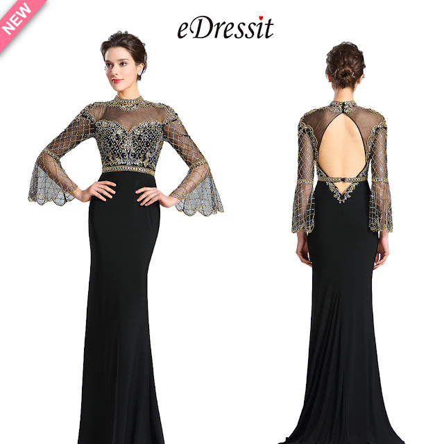 Sleeves Gold&Black Beaded Evening Prom Gown 