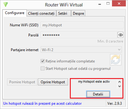 detalii hotspot Virtual WiFi