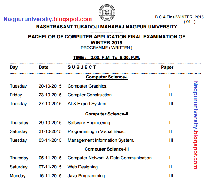 BCA Final 3rd Time Table Winter Nagpur University 2015