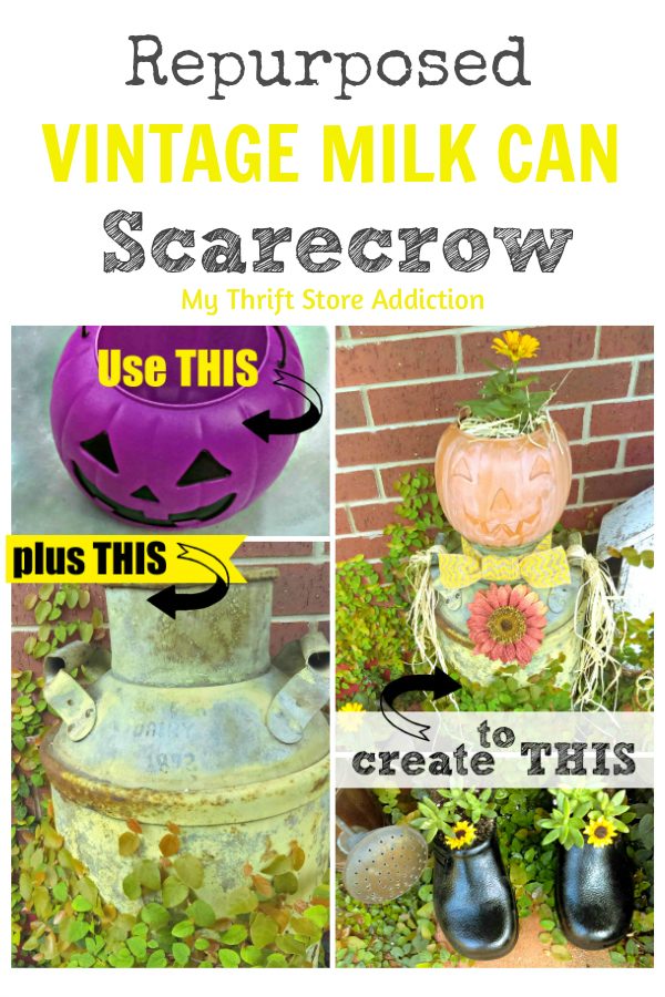 Repurpose a vintage milk can and a plastic thrift store pumpkin as a whimsical scarecrow for your porch or garden! repurposed vintage milk can scarecrow