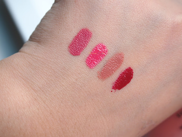 Revlon Ultra HD Matte Lip Color in HD Devotion (a more muted pink shade), HD Temptation (a brighter pink shade), HD Seduction (the most nude shade among the range, perfect for smokey look) and HD Passion (a dark red with blue undertone). it has a high pigmentation of color, the soft buttery texture that glides and spread easily on the lips, the shape that is easy to hold BUT i dont like the scent.