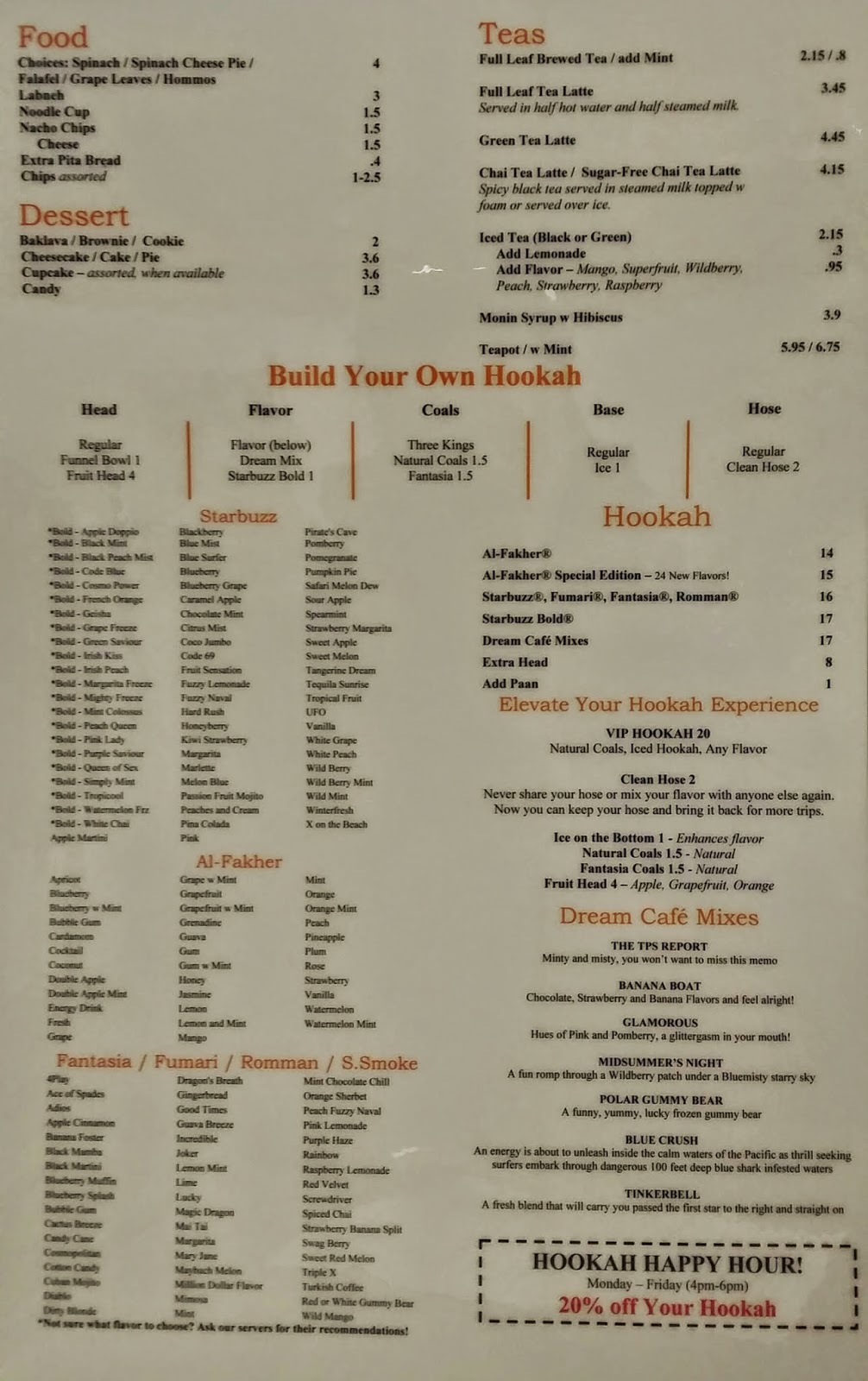 Dream Cafe Dream Cafe Coffee and Hookah Menu