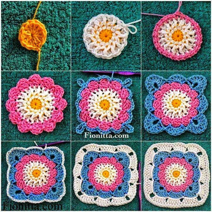Grannys cuadados de cinco colores tejido al crochet - con paso a paso en fotos