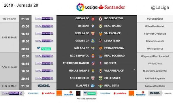 Liga Santander 2017/2018, horarios oficiales de la jornada 28