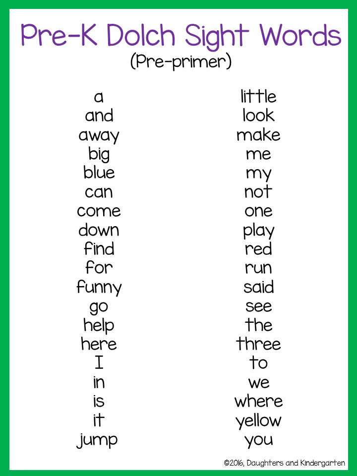 Pre primer Dolch Word List Pre primer Dolch Word List
