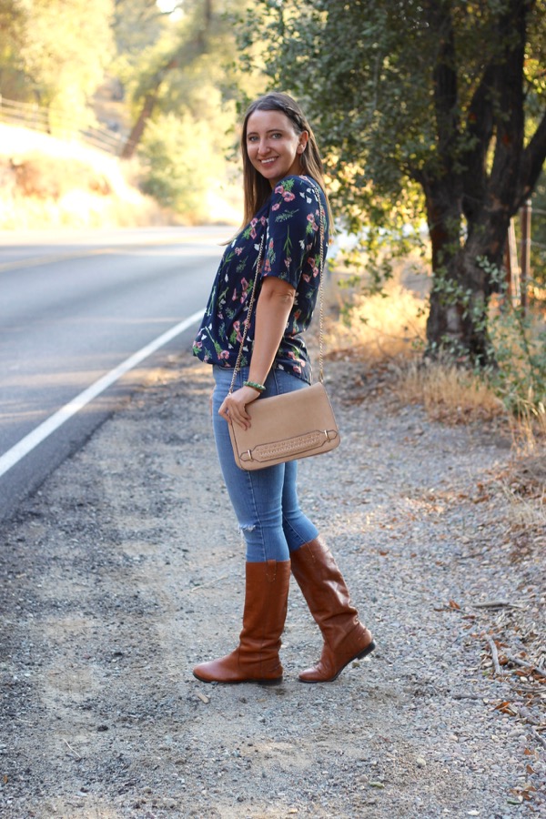 LunaVida Print In Progress Cardigan + Blouse + Jeans + Boots