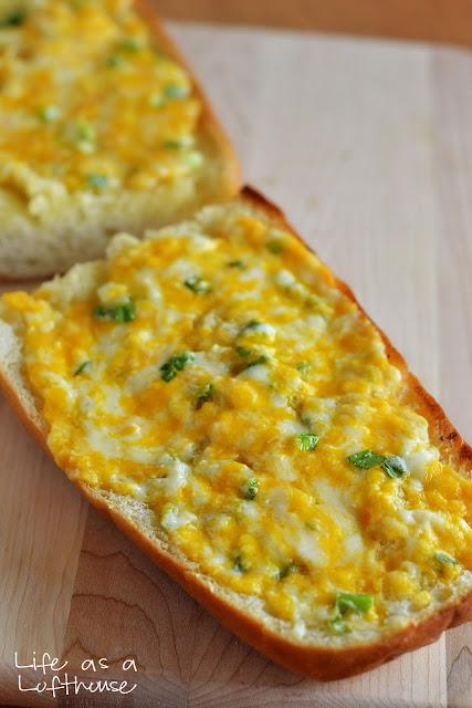 Garlic Cheese Bread is topped with 3 different cheeses, low-fat mayo, butter, garlic and chopped green onion. Life-in-the-Lofthouse.com