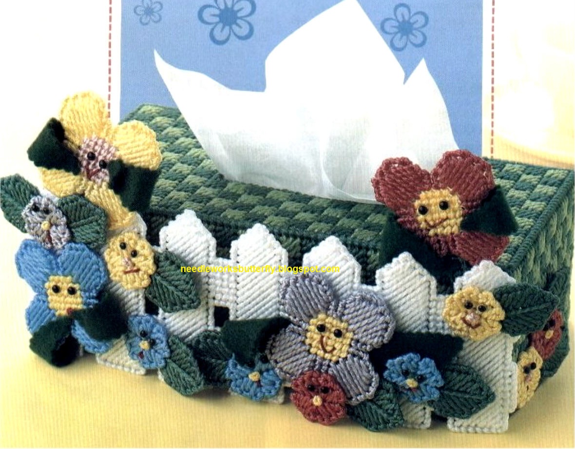 needle-works butterfly: garden tissue topper in plastic canvas