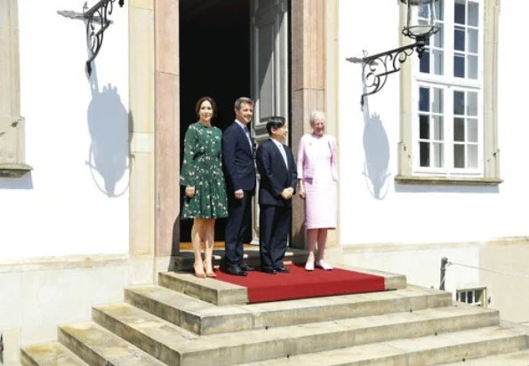 Queen Margrethe, Crown Prince Naruhito, Crown Prince Frederik, Crown Princess Mary wore green floral print silk skirt and top, Gianvito Rossi Pumps