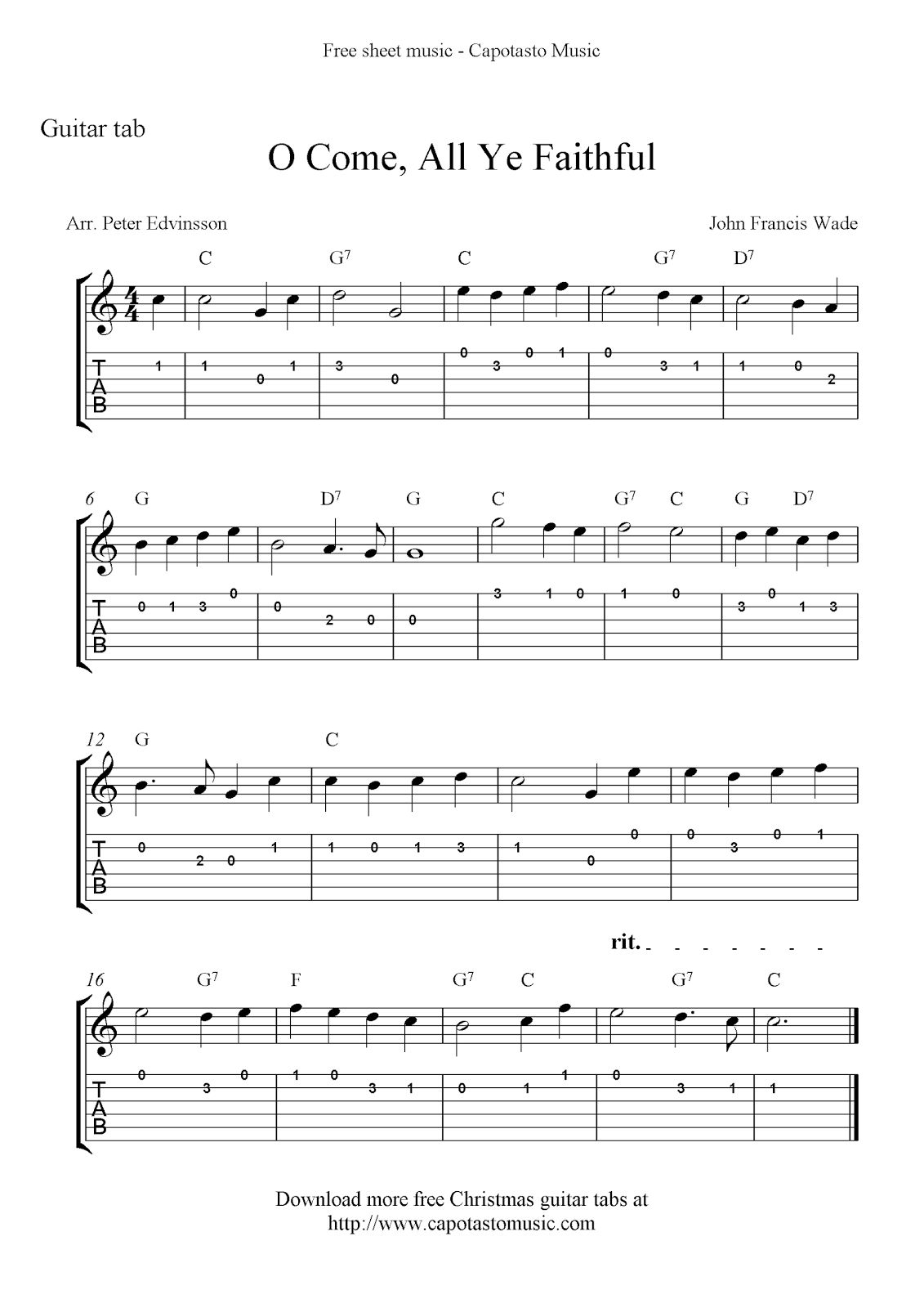 O Come All Ye Faithful Easy Free Christmas Guitar Sheet Music And Guitar Tabs