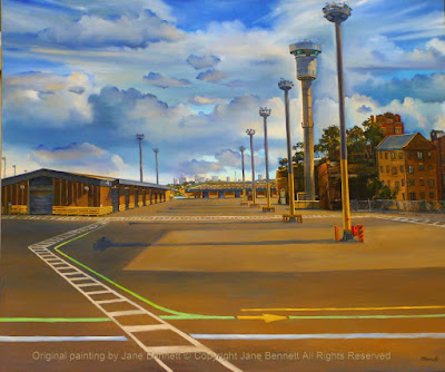 plein air oil painting of wharf buildings and Sydney Harbour Control Tower at the Hungry Mile, now Barangaroo by artist Jane Bennett