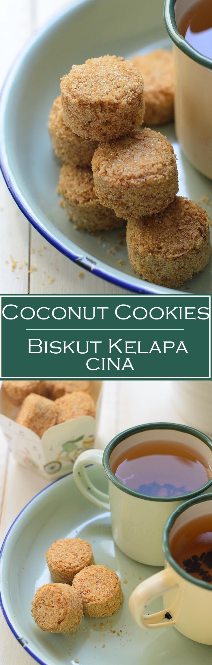 Coconut cookies/ biskut kelapa cina are made of over baked dinner rolls and desiccated coconut.  These cookies are addictively delicious. One of my favourite childhood school snack.