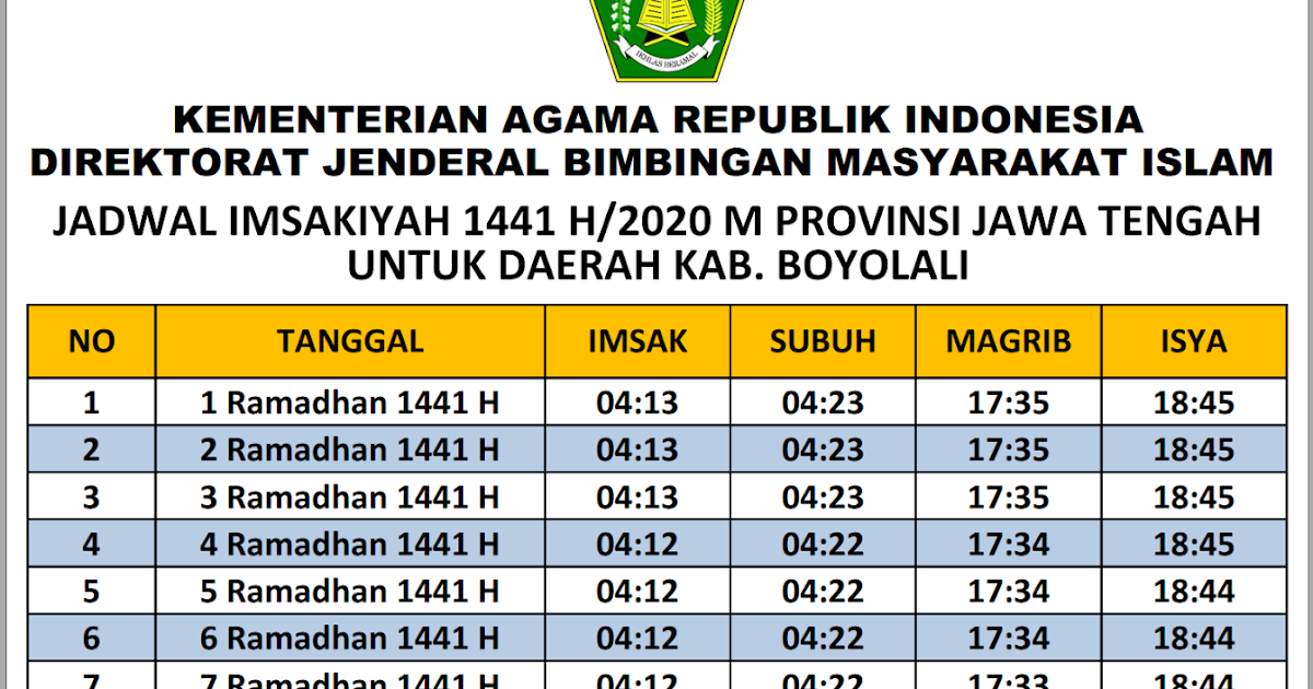 Jadwal Imsakiyah Boyolali 2020 / 1441 H