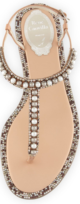 Rene Caovilla Pearly Flat Thong Sandal, Nude