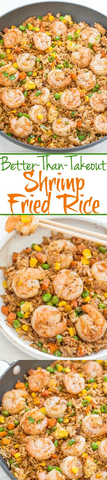 This is an easy, one-skillet recipe that’s ready in 20 minutes and tastes better than takeout; it’s healthier and not greasy. To save time if you don’t have leftover rice on hand or don’t want to cook a batch, use two pouches of ready-to-serve rice. The shrimp is tender and juicy. I use fresh shrimp but you can use frozen shrimp that’s already been cooked. There’s garlic, ginger, green onions, sesame oil, and soy sauce for layers of flavor while peas, carrots, corn, and bits of egg add texture.