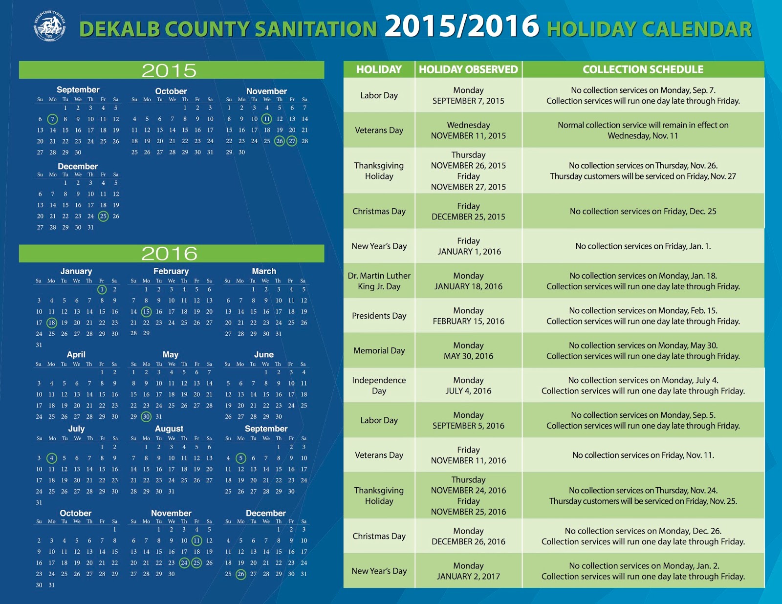 Dekalb County Sanitation Calendar. 