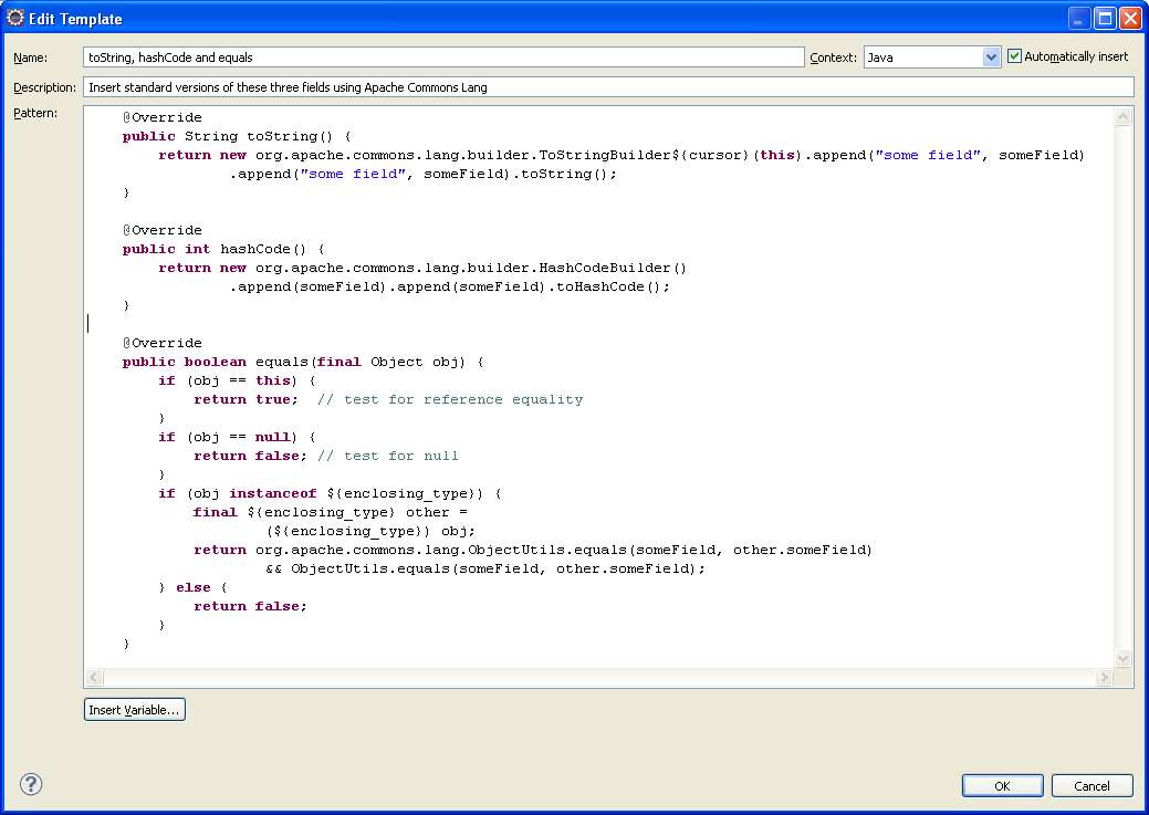 Template toString(), hasCode() and equals() in Eclipse