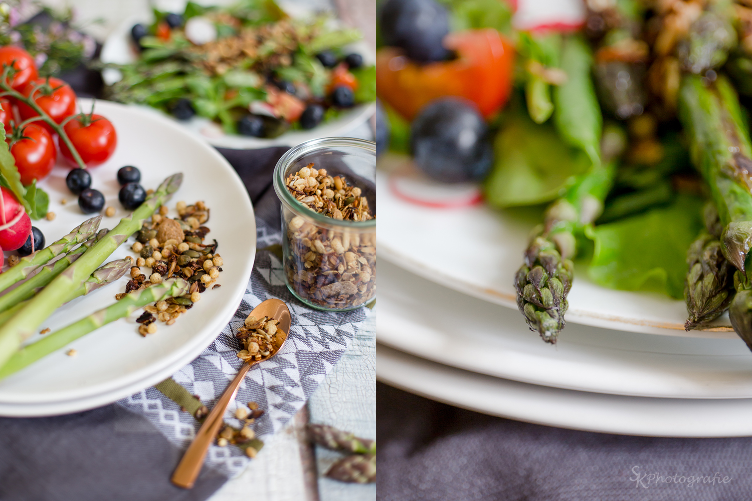 Bunter Frühlingssalat mit grünem Spargel, Blaubeeren und Müsli-Crunch ...