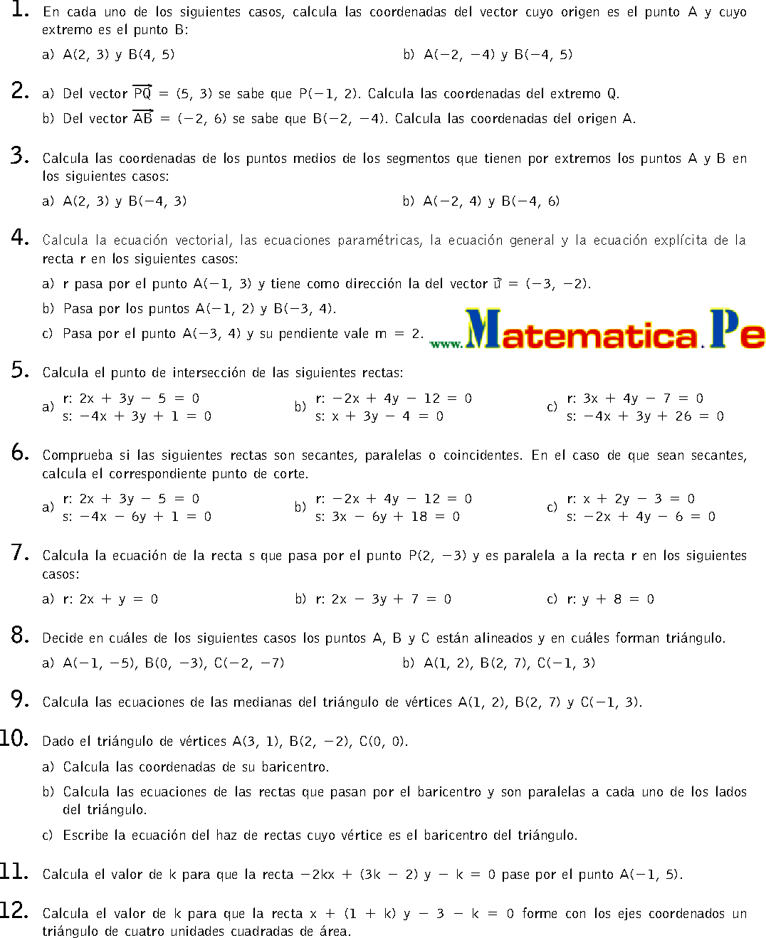 La Recta En El Plano Ejercicios Resueltos Matematicas 1 Bachillerato Pdf