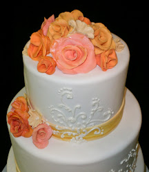 yellow cake coral flower flowers fondant orange crimson cakes pearls pearl pink tiers