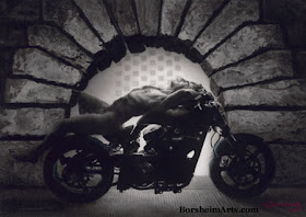 Charcoal drawing Hellcat at the Pitti male model on motorcycle