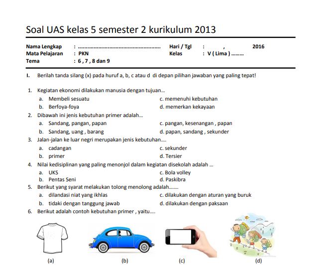 Soal UAS PKn Kelas 5 Semester 2 Kurikulum 2013