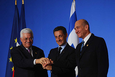 Abbas, French then-President Sarkozy and Olmert Credit: Israeli Prime Minster's Office photo