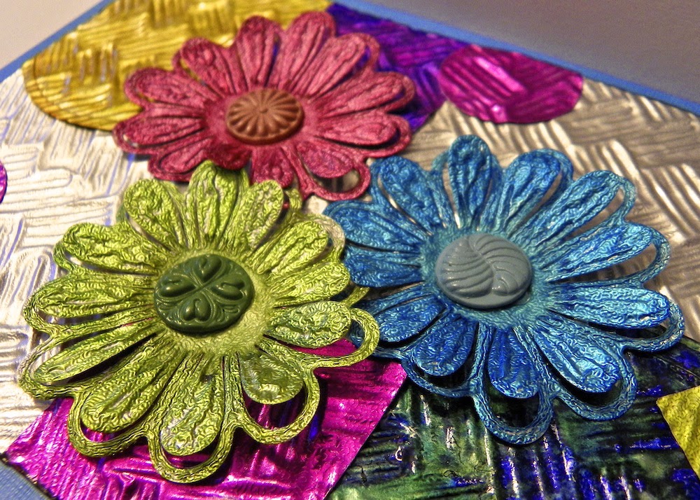 handmade greeting card with recycled foil flowers