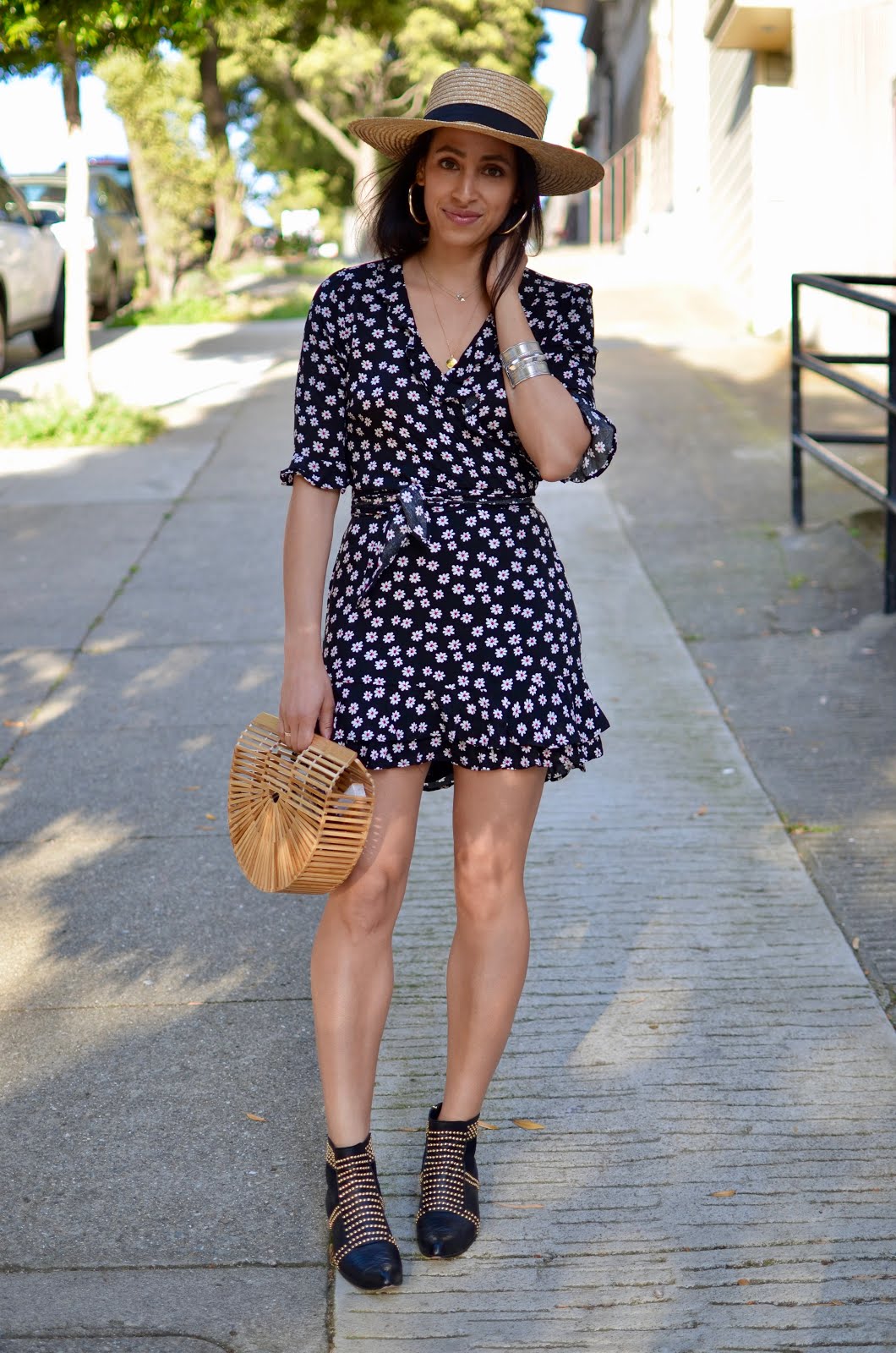 Allergic to Vanilla- San Francisco lifestyle blog straw summer hat, large straw fedora, matching twin sets, large silver cuff, bohemian summer style, white cateye sunglasses