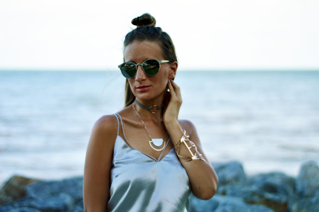 silver silk cami with rose gold jewellery and reflective sunglasses silver silk cami with rose gold jewellery and reflective sunglasses