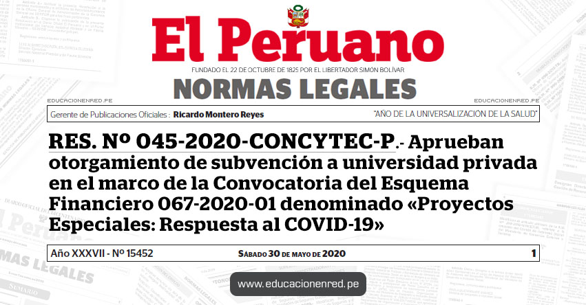 RES. Nº 045-2020-CONCYTEC-P.- Aprueban otorgamiento de subvención a universidad privada en el marco de la Convocatoria del Esquema Financiero 067-2020-01 denominado «Proyectos Especiales: Respuesta al COVID-19» RES. Nº 045-2020-CONCYTEC-P.- Aprueban otorgamiento de subvención a universidad privada en el marco de la Convocatoria del Esquema Financiero 067-2020-01 denominado «Proyectos Especiales: Respuesta al COVID-19»