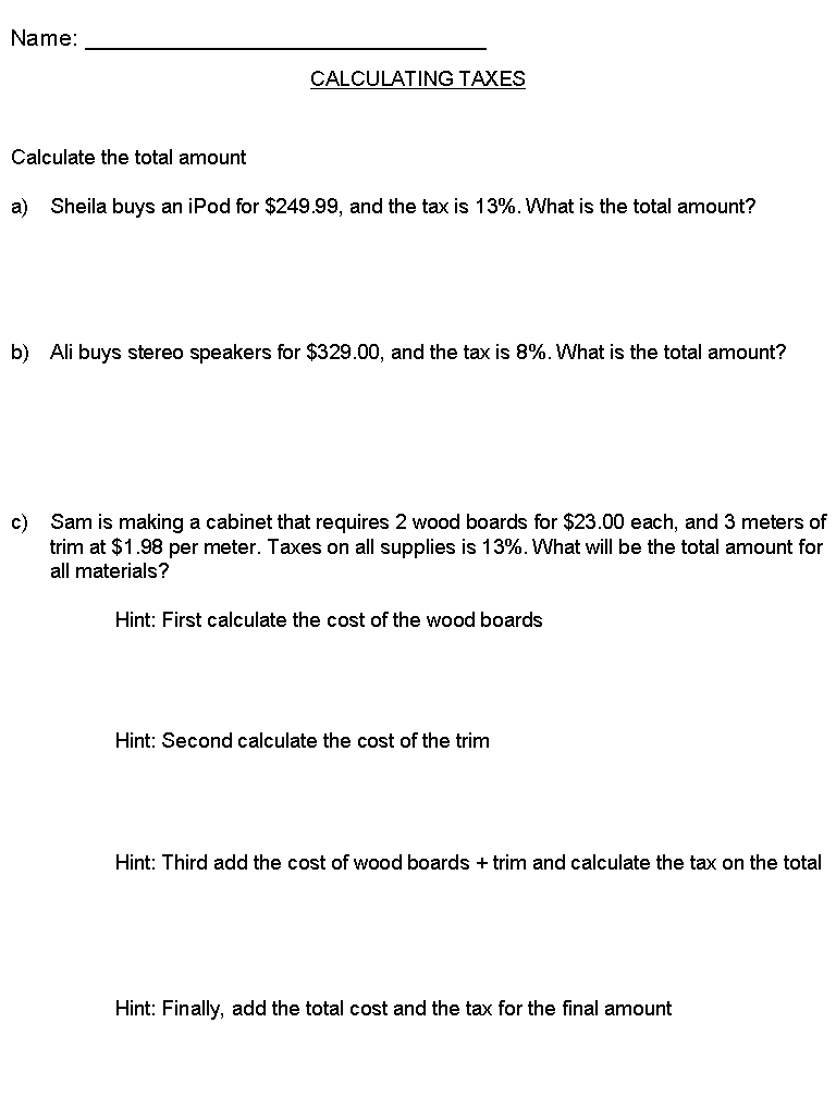 Coaching our kids with Aspergers: Math Worksheet - Calculating Tax