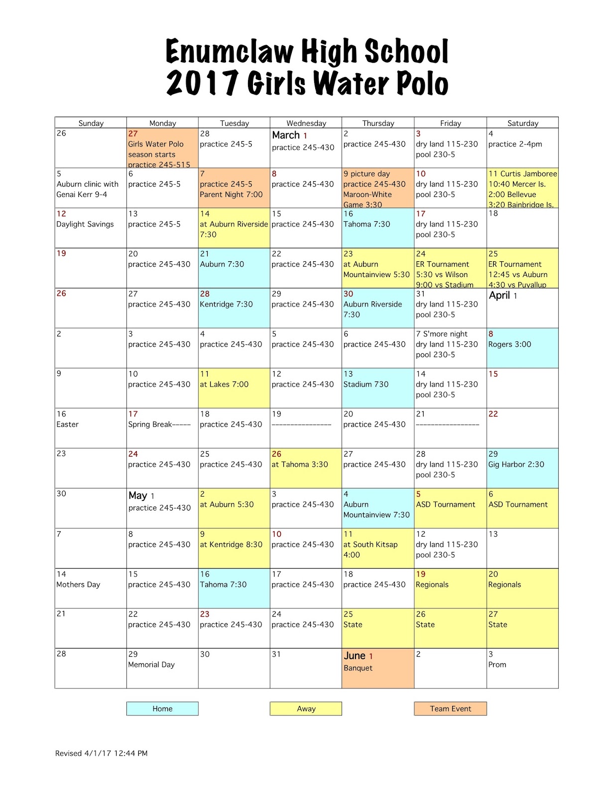 Enumclaw Water Polo 2017 Enumclaw HS Girls Water Polo Calendar