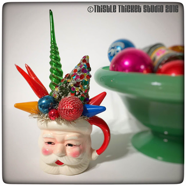 Thistle Thicket Studio, vintage santa mug, vintage Christmas ornaments, vintage arrangement