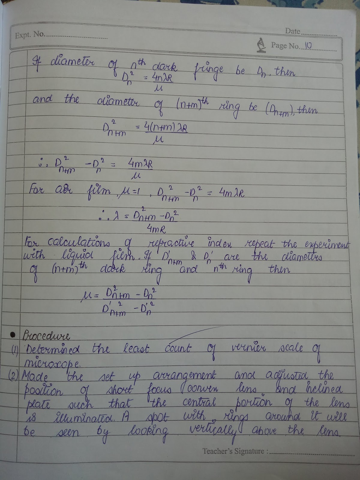 Wavelength using Newton's Ring Method.