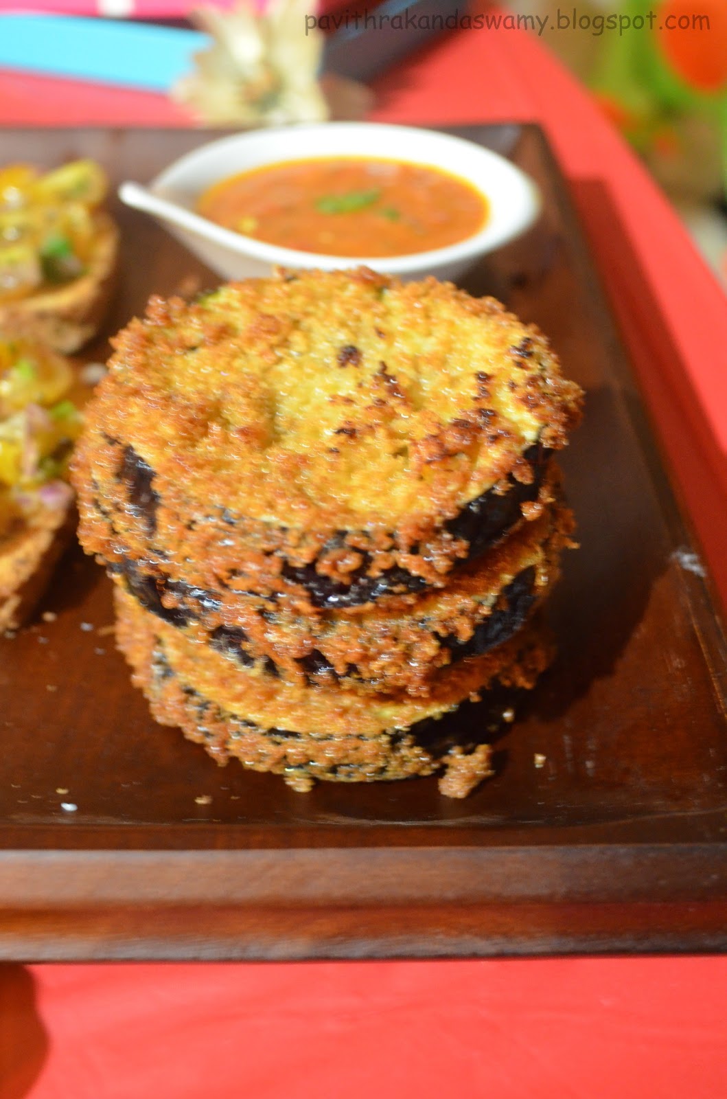 The Fat Lady Eggplant fritters with roasted red pepper sauce