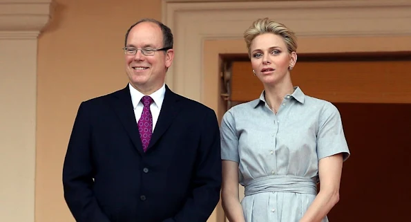 Princess Charlene and Prince Albert of Monaco watched the traditional celebrations of St. John's Day procession (Fête de la Saint-Jean) at Palace Square in Monaco