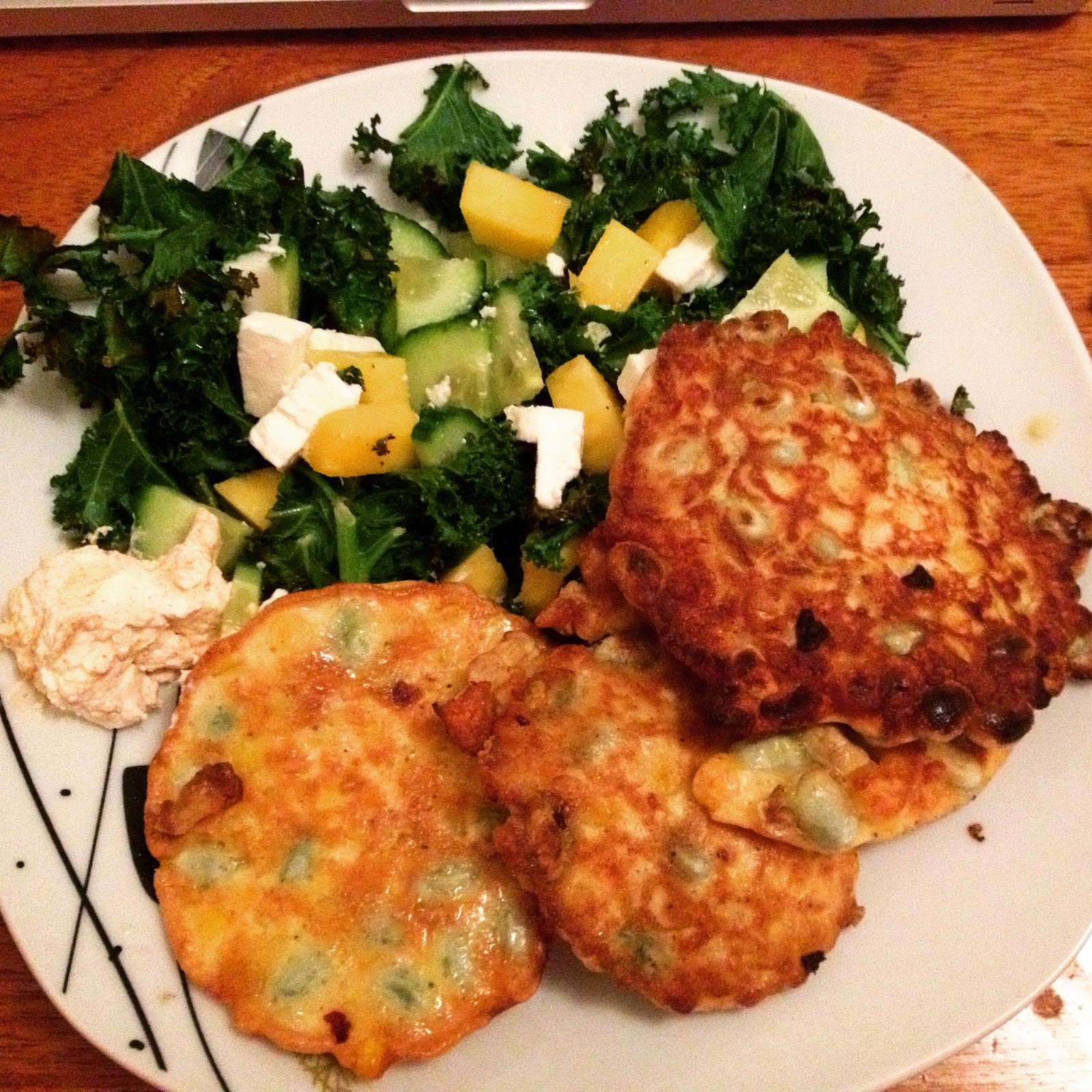 Sweetcorn and Broad Bean Fritters with a Mango, Feta and Cucumber Salad