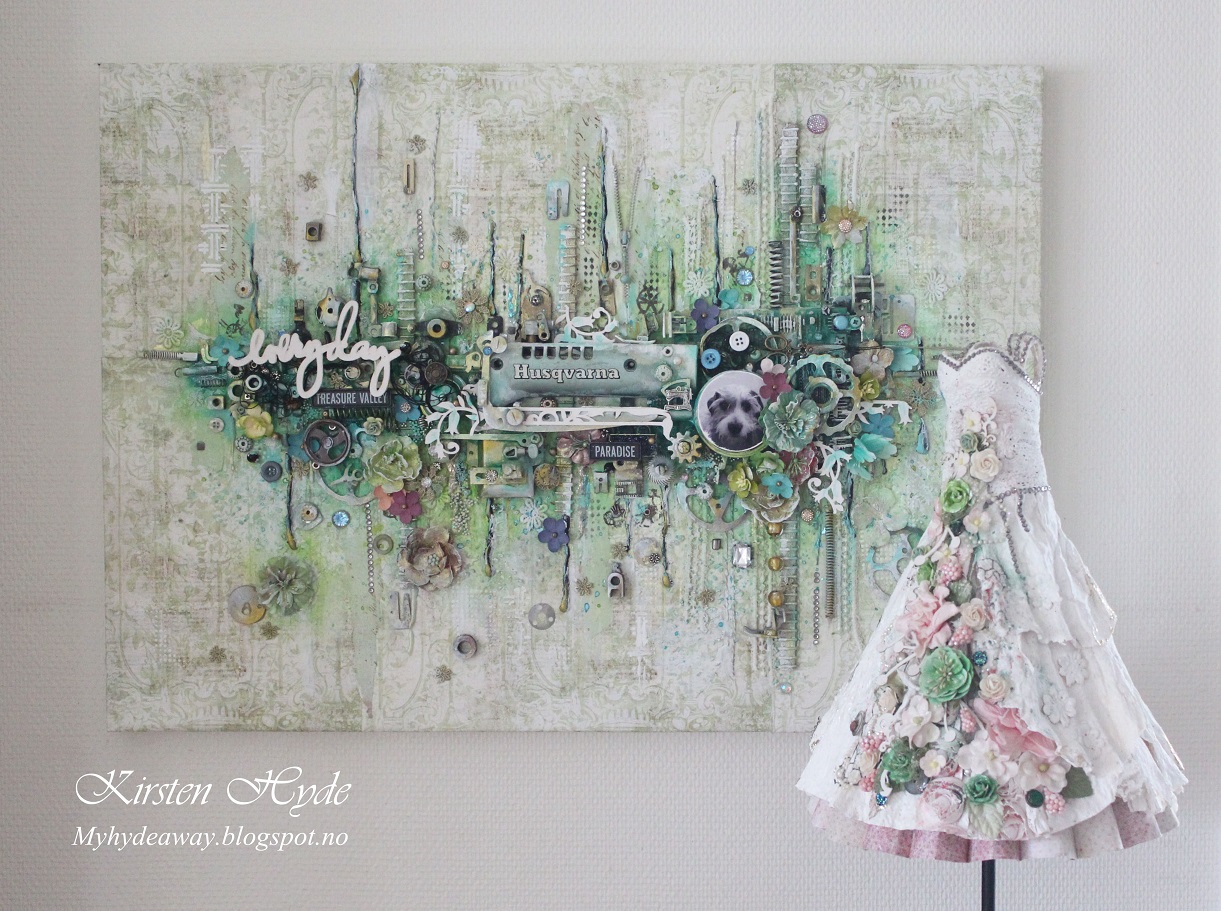 My Craft and Garden Tales Large mixed media Prima canvas of old sewing